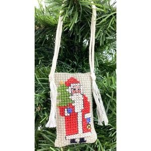 Vintage SANTA Stuffed Hand Made Needlepoint Christmas Ornament - Old!